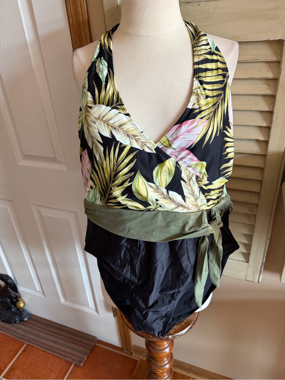 Lands' End Black Tropical Halter Wrap swimsuit with Olive Sash and Pink Accents